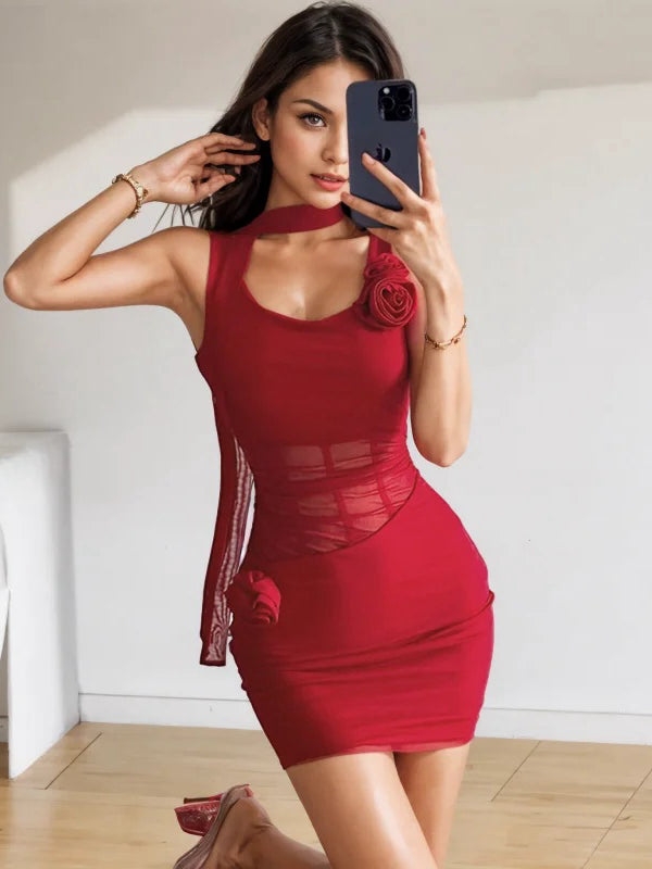 Sheer Waist Red Bodycon Mini Dress