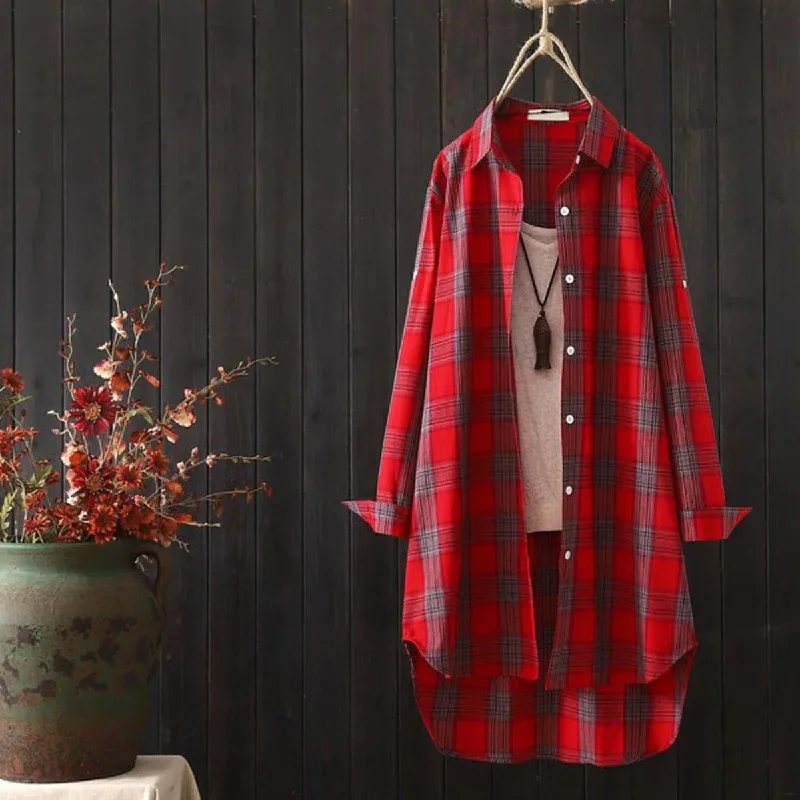 Casual Red Plaid Single-Breasted Long-Sleeved Shirt