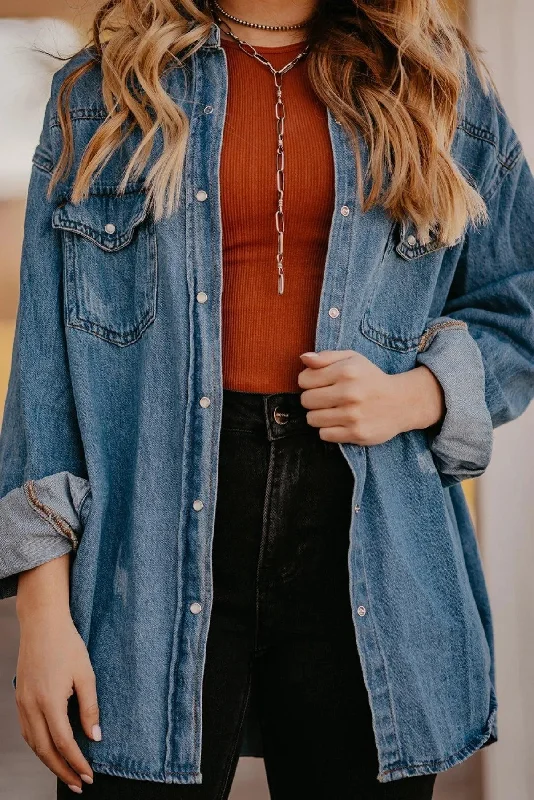 Chest Pockets Long Sleeve Denim Shirt Jacket