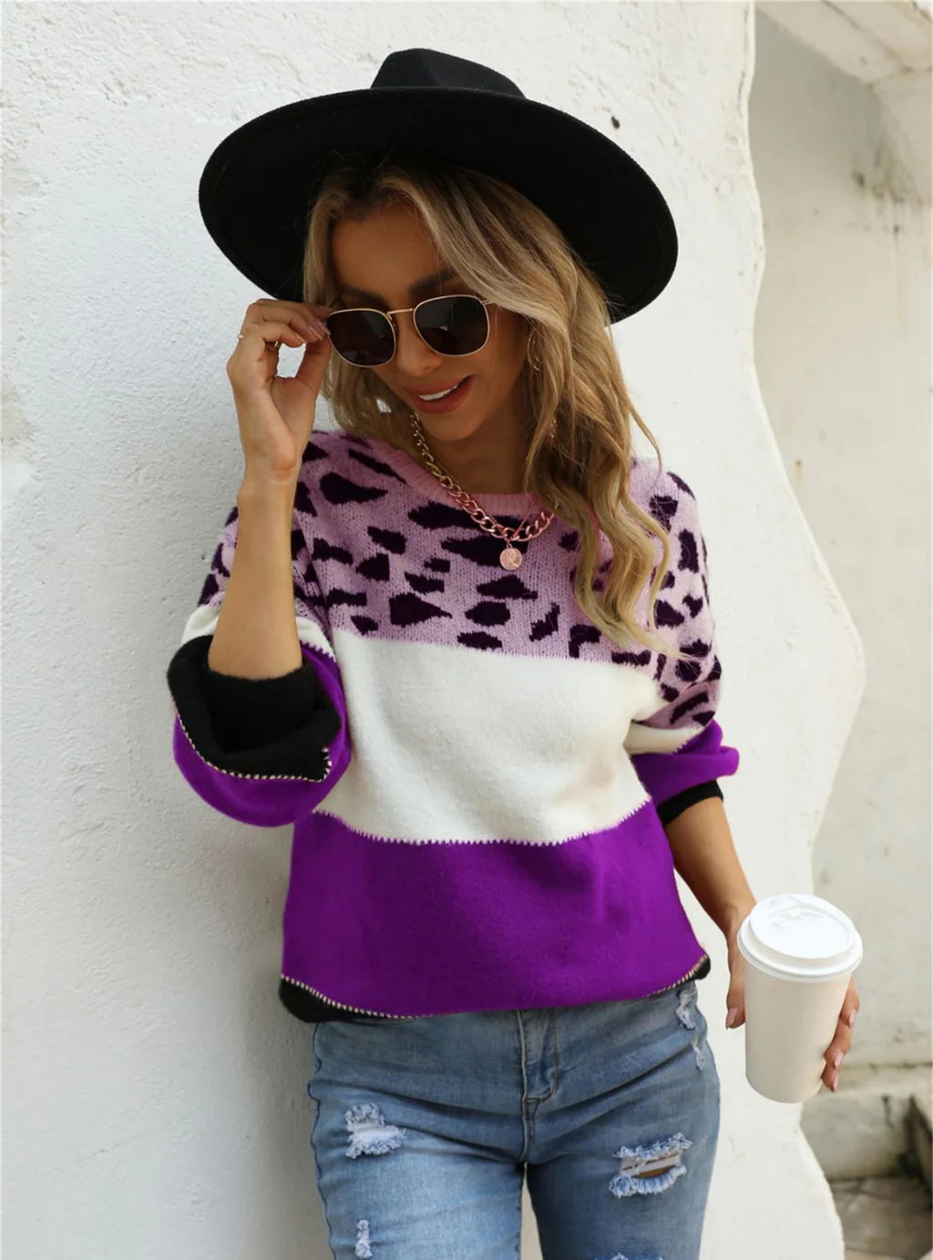 Spliced Leopard Print Round Neck Sweater