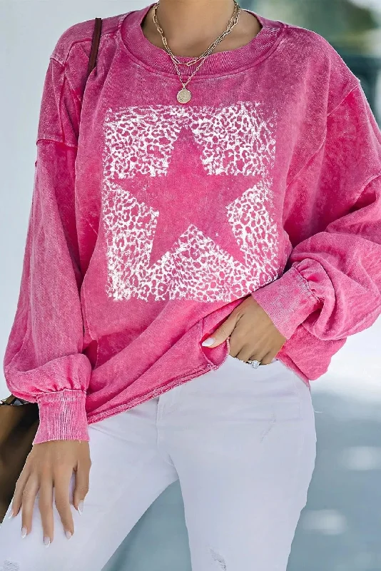 Leopard Star Graphic Print Long Sleeve Sweatshirt Rose