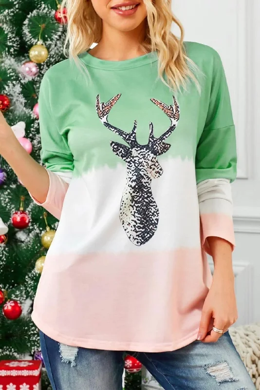 Green Reindeer Print Gradient Colorblock Sweatshirt