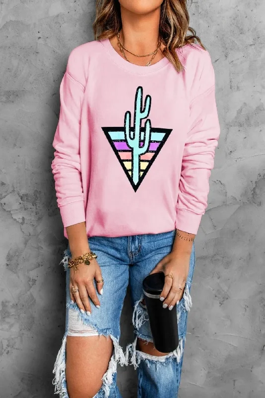 Ladies Pink Pullover Sweatshirt Cactus on Multicolor Triangle