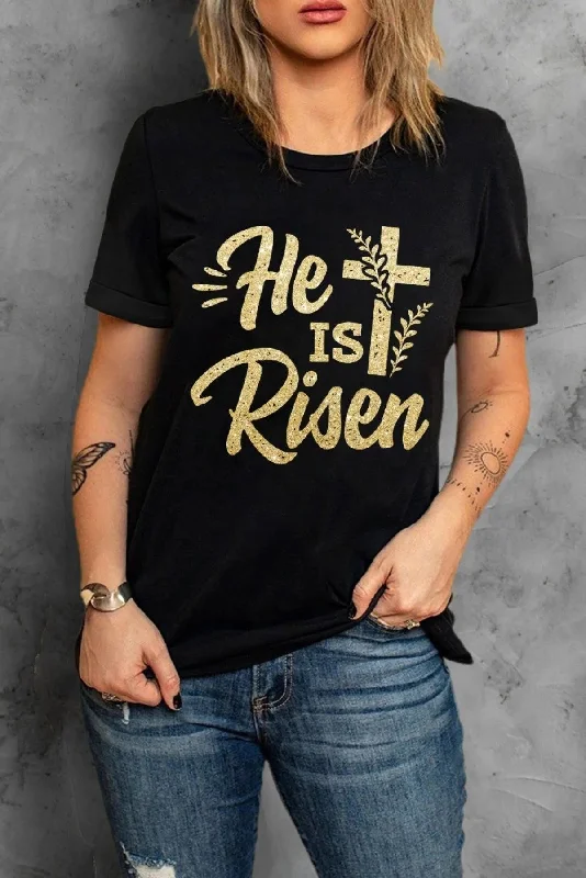 Black He Is Risen Cross Glitter Pattern Print Graphic T Shirt for Women