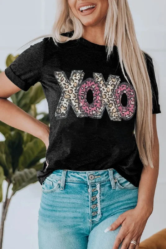 Black Tee XOXO Leopard Letter Print T Shirt