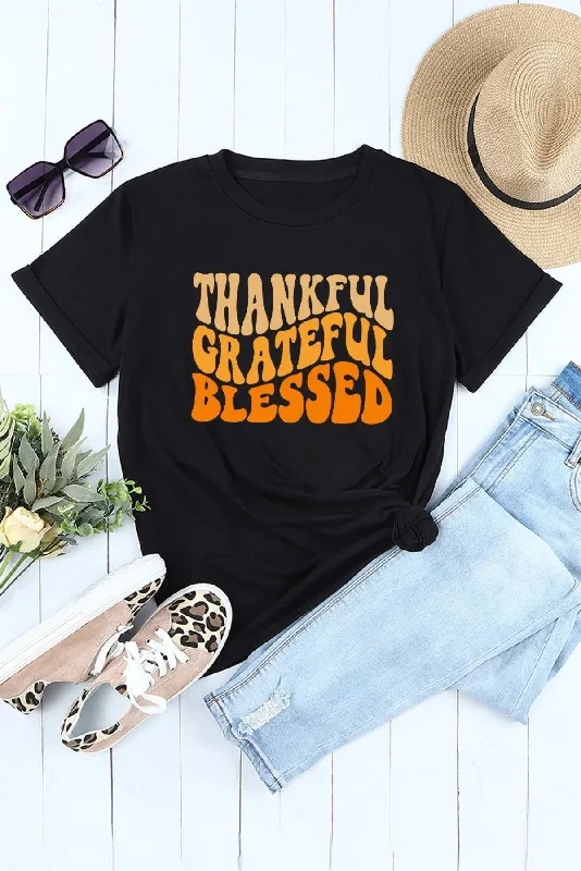 Black THANKFUL GRATEFUL BLESSED Crew Neck Graphic T-Shirt