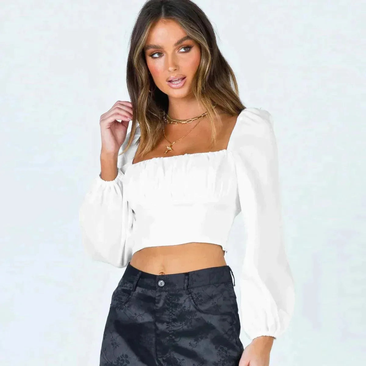 Ballon Sleeve Square Neck Crop Top