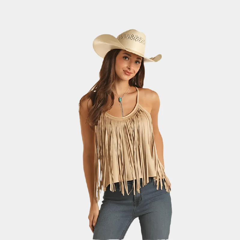 Rock and Roll Denim Tan Fringe Tank Top